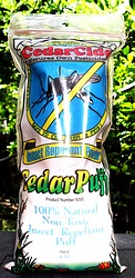 Cedarpuffs Front label is shown featuing a mosquito