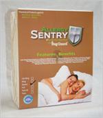 Allergy Sentry Box Spring Encasement is shown in its original packaging. This waterproof box spring covering will protect you from bed bugs, and odor causing bacteria!